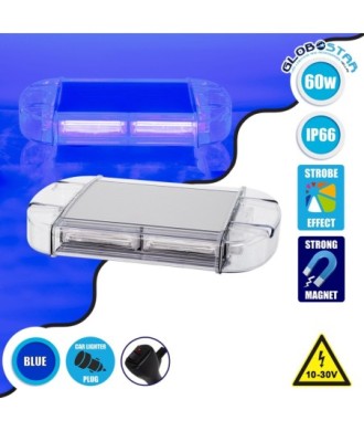 GloboStar® 85176 PRO Series Φάρος Σήμανσης Οχήματος Αστυνομίας για Αυτοκίνητα & Φορτηγά 6 Προγραμμάτων Φωτισμού STROBE LED COB 60W DC 10-30V Αδιάβροχος IP66 Μπλε